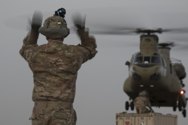 40th CAB practices night sling load movements at Camp Buehring, Kuwait