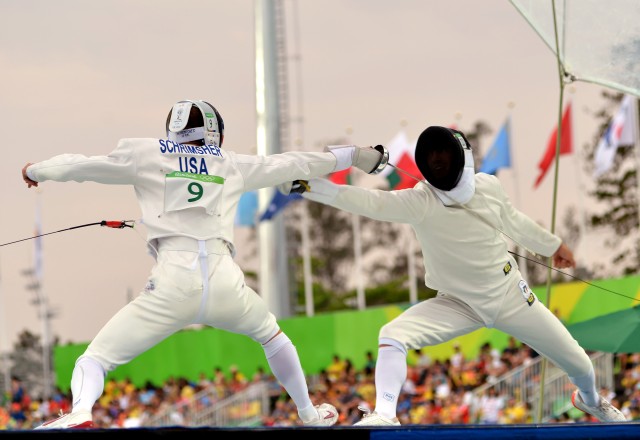 Sgt. Nathan Schrimsher competes in bonus fencing at Olympic Games