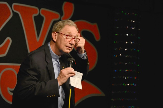 Retired Army Chaplain James King performs his comedy routine