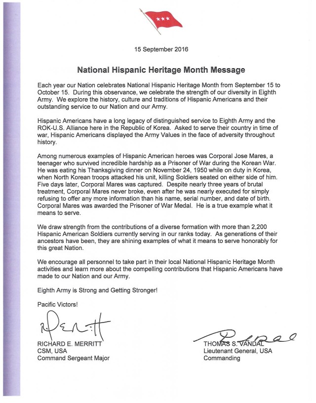 National Hispanic Heritage Month Message