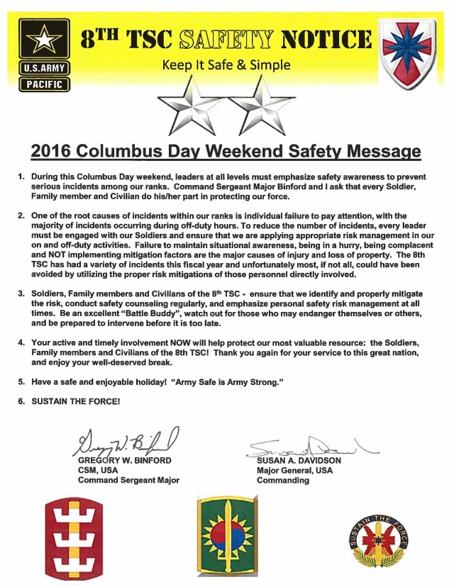 2016 Columbus Day Weekend Safety Message