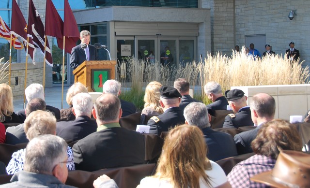 Kansas Governor Sam Brownback welcomes the new Irwin Army Community Hospital to Fort Riley at a ribbon cutting Oct. 12