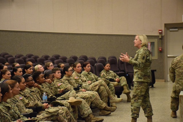 The senior enlisted advisor for the Office of the Assistant Secretary of the Army, Manpower and Reserve Affairs visited Fort Riley Oct. 4, to discuss Combat Arms professions with female Soldiers of th