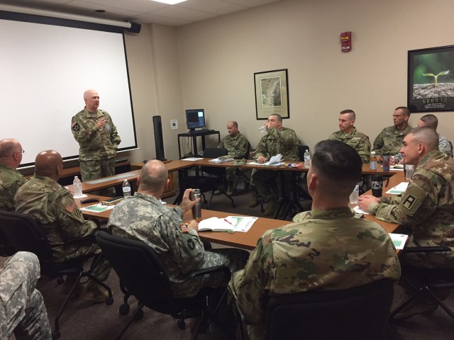 Col. Jeffrey Zust, First Army Chaplain, gives his opening remarks to the Unit Ministry Teams during the First Army Fall Unit Ministry Team Development Training at Rock Island Arsenal, Ill., Oct. 17, 2