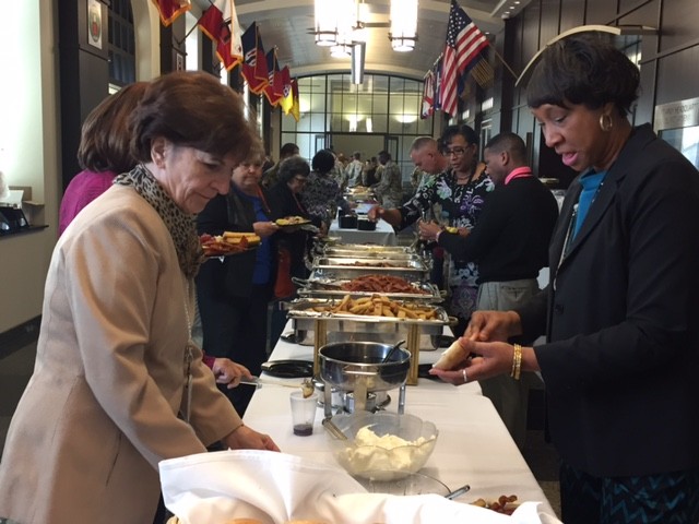 First Army Soldiers and Civilians enjoy the Prayer Breakfast hosted during Unit Ministry Development Training held at First Army headquarters at Rock Island Arsenal, Illinois Oct. 17-20.