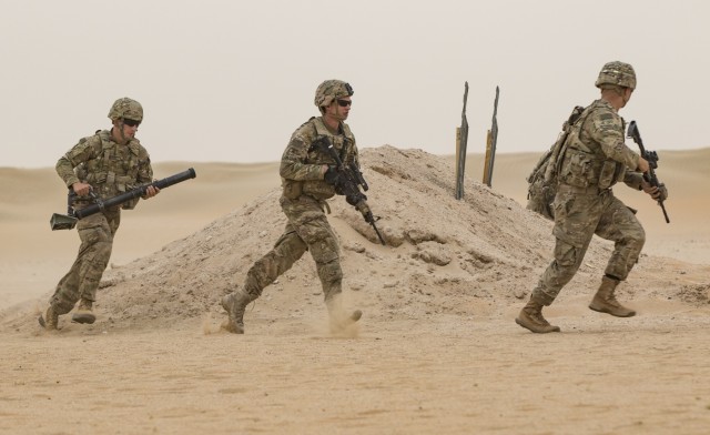 US Infantry Soldiers Assault Through the Desert: Live Fire Exercise