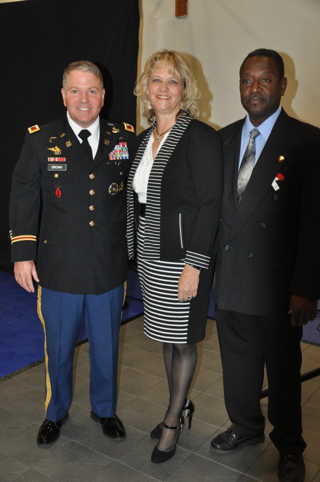 Colonel Brown, Debbie Winn (sang the National Anthem), and Dave McCall (Veteran's Day coordinator) prior to Veteran's Day Ceremony