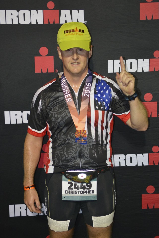 1st Sgt. Mitter at the conclusion of the Ironman triathlon