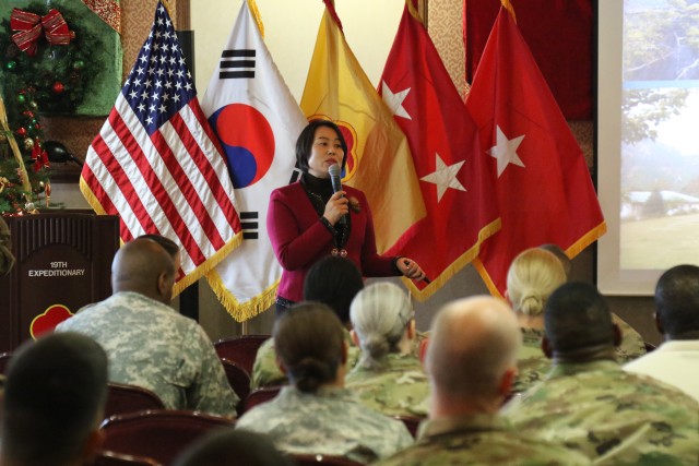 Mrs. Sung-kyun Choi, a former North Korean Army officer, gives the 19th Expeditionary Sustainment Command Senior Leaders a class about her experience and situations in North Korea at Camp Walker.