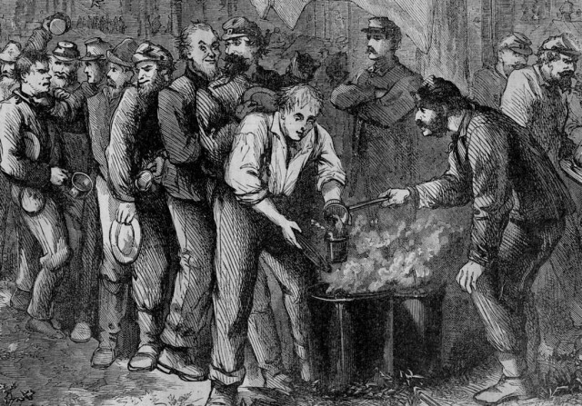 Soldiers lining up for rations