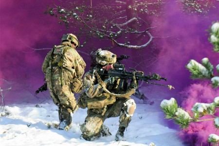 Paratroopers conduct an assault on an urban warfare training site, Nov. 29, 2016, during Exercise Iron Sword 2016 in Pabrade, Lithuania. They are from Able Company, 2nd Battalion, 503rd Infantry Regiment, 173rd Infantry Brigade Combat (Airborne). Iro...