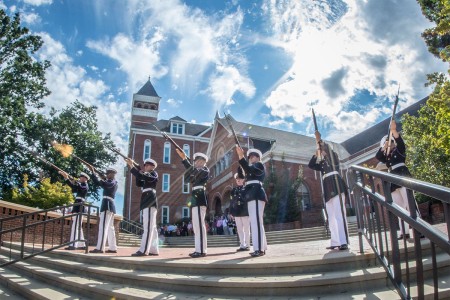 Clemson University&#39;s Reserve Officers&#39; Training Corps honor guard, the Pershing Rifles, execute a 21-gun salute on Military Heritage Plaza to honor the victims of Sept. 11, 2001 during a 9/11 memorial service, Sept. 11, 2016.