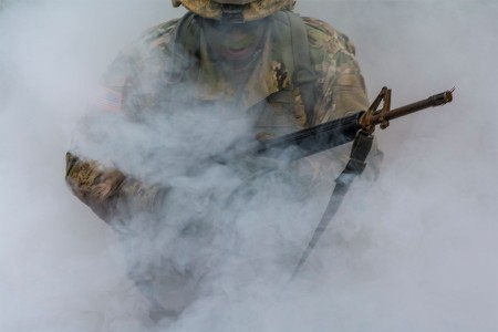Staff Sgt. Tobias Henry, Special Troops Battalion, 171st Infantry Brigade, uses a three second rush to an alternate firing point while reacting to direct fire during Expert Infantry Badge qualifications, March 31, 2016, held at Fort Jackson, S.C. Soldiers vying for the coveted Infantry qualification were given 30 timed Army Warrior tasks to complete in addition to being tested on the Army Physical Fitness test, day and night land navigation.