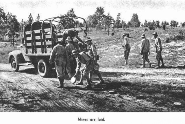 World War II training: Laying mines at Camp Claiborne, Louisiana