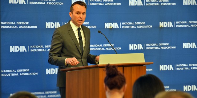 Secretary of the Army Eric Fanning address the audaince at NDIA Forum 