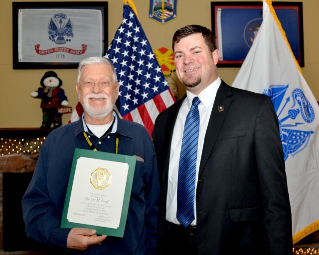 Marion "Bud" Ford recieves 50-year certificate and pin Feb. 15, 2016 at DPG 