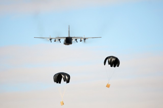 Elements of the Missouri Air National Guard participate in a Fort Riley airdrop as part of a joint training exercise during Danger Focus II Feb. 8