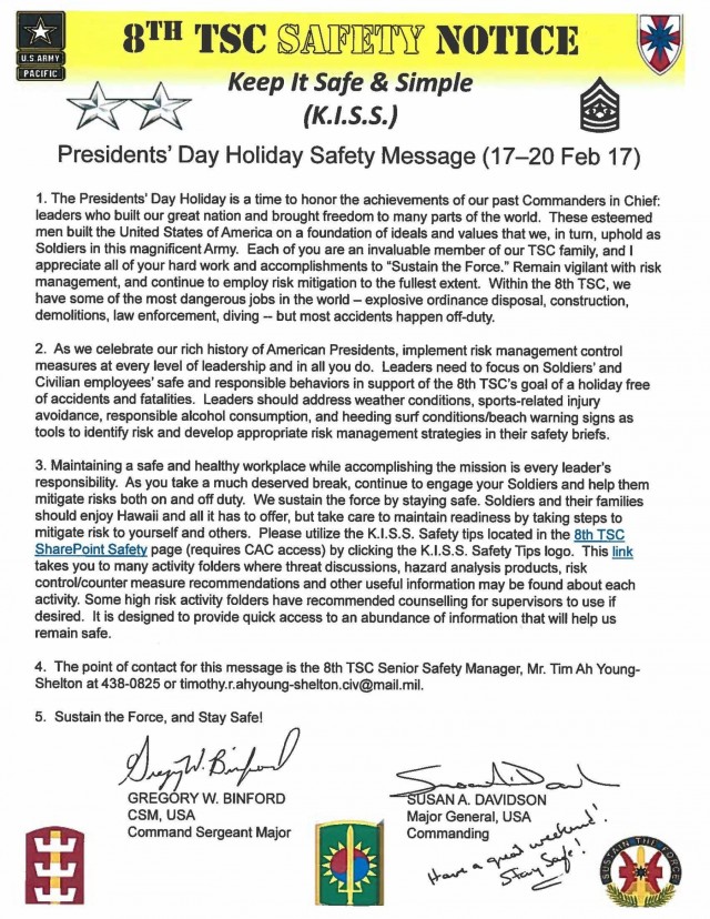 Presidents' Day Holiday Safety Message