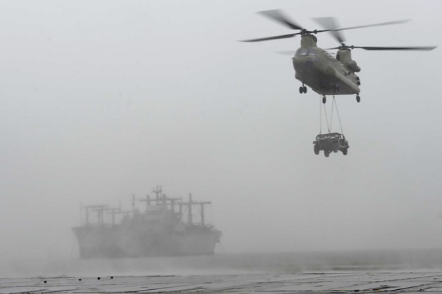 Soldiers conduct sling-load exercise off causeway