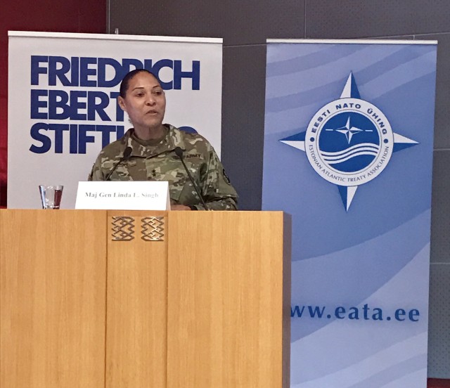Maj. Gen. Linda Singh, Maryland's adjutant general, addresses International Women's Conference