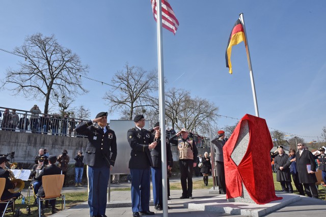 German and U.S. Flags raised at Rhine River Crossing Memorial