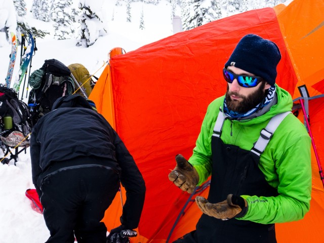 Alpine guide Derrick Pierson explains the hazards of cold-weather camping at Mount Rainier National Park, Washington