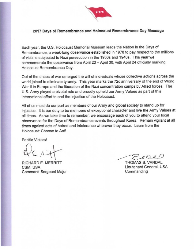 2017 Days of Remembrance and Holocaust Remembrance Day Message