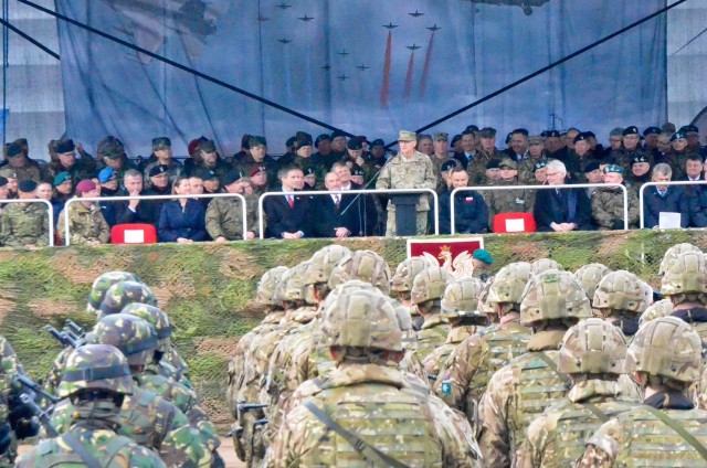 Battle Group Poland is hailed in Orzysz, Poland