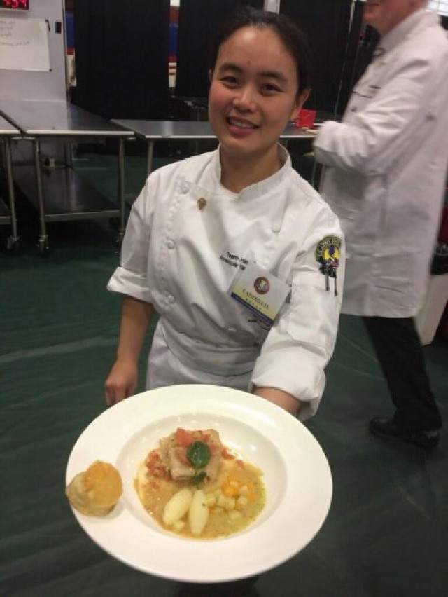 Spc. Anne Nicole Yapcengo, 307th Expeditionary Signal Battalion, competes with the Hawaii Culinary Arts Team at Fort Lee, Virginia. (Photos courtesy of Staff Sgt. William Pelkey, 307gh Expeditionary S