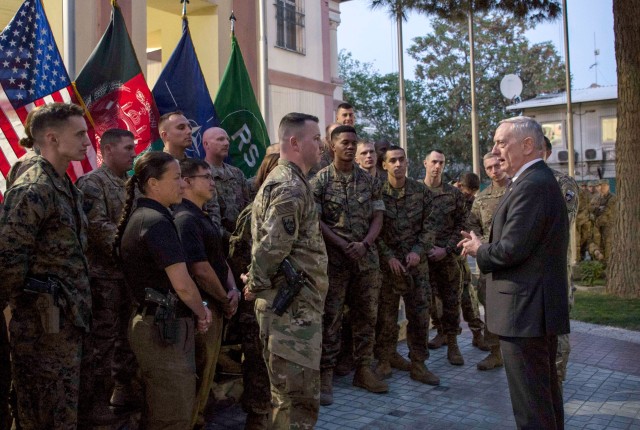 Secretary of Defense Jim Mattis meets with troops