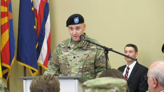 The incoming commander, Lt. Col. Jeffrey Ignatowski, provides welcome remarks during the Letterkenny Munitions Center Change of Command Ceremony, June 6.
