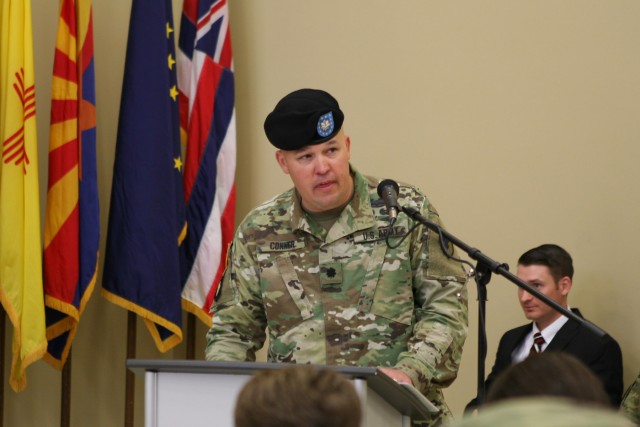 The outgoing commander, Lt. Col. Trenton Conner, provides farewell remarks during the Letterkenny Munitions Center Change of Command Ceremony, June 6.