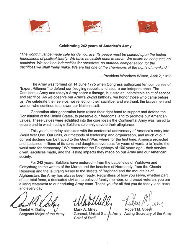 Army Birthday Tri-Signed Letter