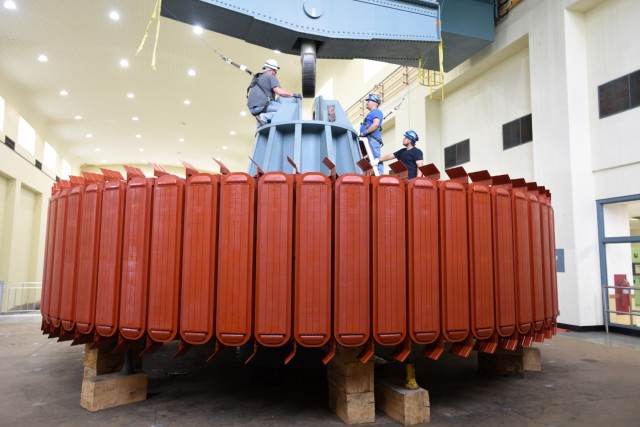 Crew installs 249-ton hydropower rotor at Center Hill Dam