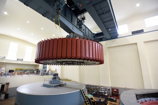Crew installs 249-ton hydropower rotor at Center Hill Dam