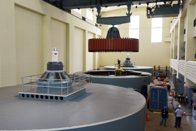 Crew installs 249-ton hydropower rotor at Center Hill Dam