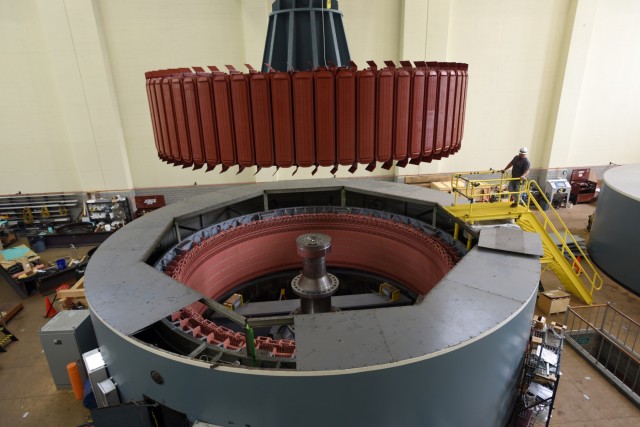Crew installs 249-ton hydropower rotor at Center Hill Dam