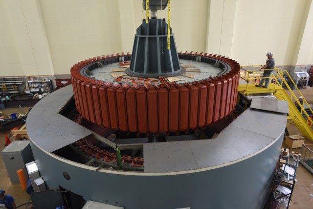 Crew installs 249-ton hydropower rotor at Center Hill Dam
