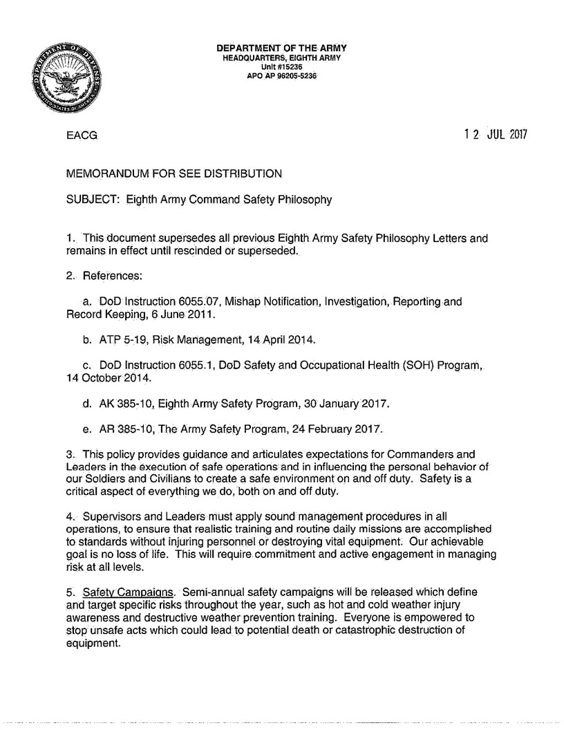 Eighth Army Command Safety Philosophy Article The United States Army