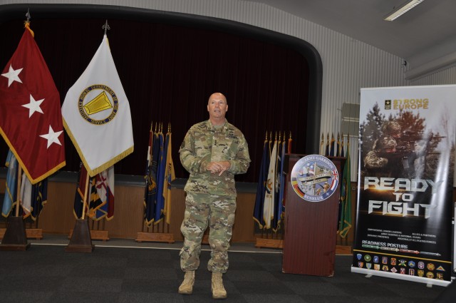 Lt. Gen. Kenneth Dahl speaks to U.S. Army Garrison Benelux employees