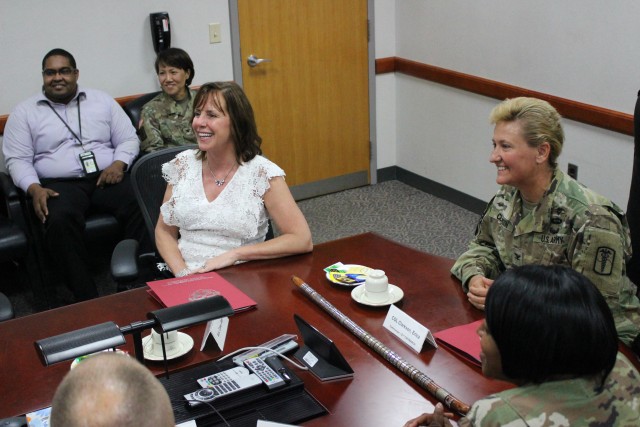 Mrs. Jean Case and Col. Clarkson meet in BAACH Command Conference Room
