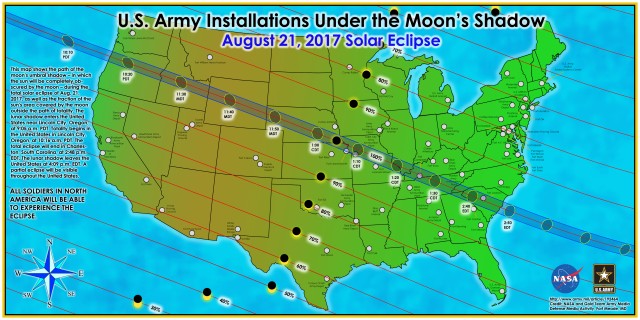 U.S. Army installations under the moon's shadow, August 21, 2017 solar eclipse