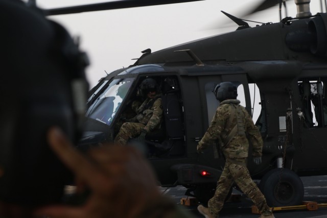 UH-60 pilots conduct deck-landing practice in Kuwait