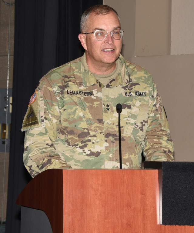 Maj. Gen. Clark LeMasters speaks during Detroit Arsenal's Suicide Prevention Stand Down