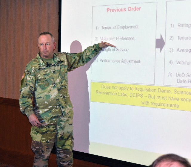 Col. John D. Lawrence, Fort Riley garrison commander, spoke to the Fort Riley workforce Oct. 4, about the approaching mandatory reductions deadline.