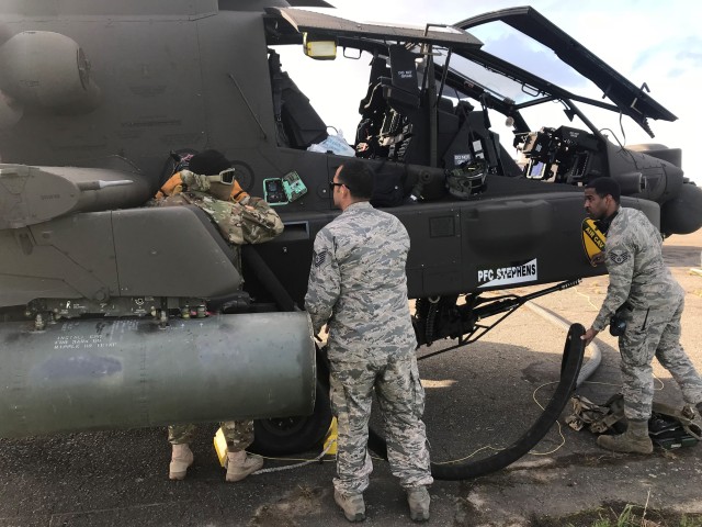 424th Air Base Squadron airmen refeul a helicopter