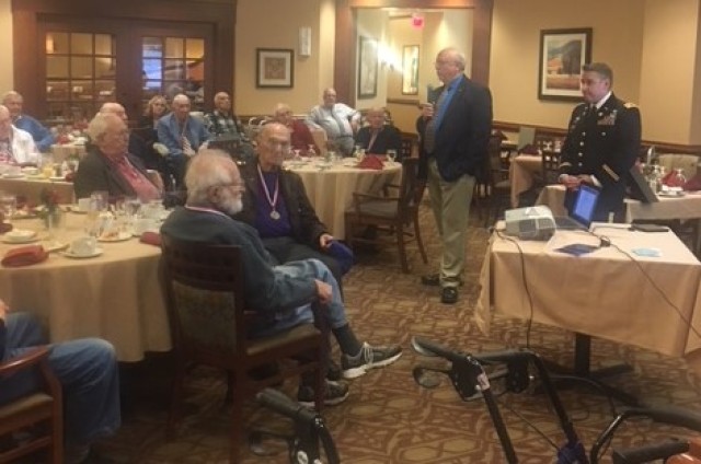 Lt. Col. Jeffrey Ignatowski, Commander, and Ed Averill, Deputy Commander, Letterkenny Munitions Center, speak to a group at Rydal Park, Jenkintown, Pennsylvania, during their Veterans Day celebration.