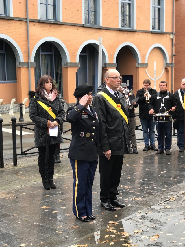 CSM Pitre salutes during Armistice Day ceremony in Chi&egrave;vres