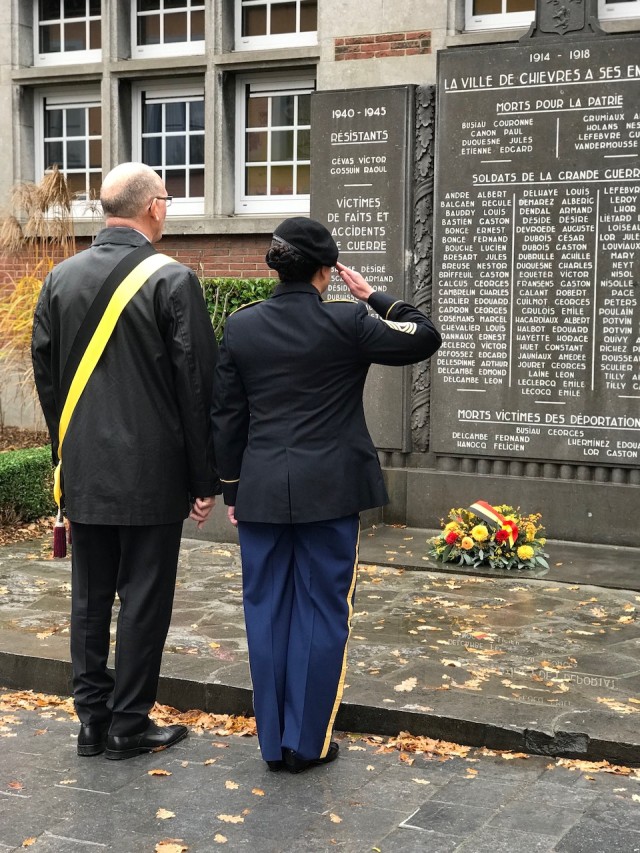 CSM Pitre salutes during Armistice Day ceremony in Chi&egrave;vres