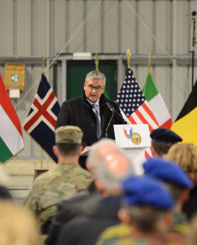 Steven Vandeput, Belgian Minister of Defense, speaks to the audience